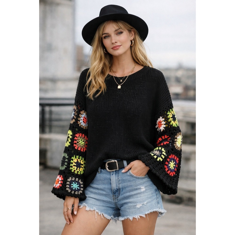 Black Oversized Granny Square Crochet‎ Sweater Flare Sleeve Boho Indie Women's S
